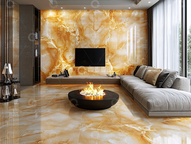 高清大图下载【趣麦麦图】奢华客厅黄玉大理石背景墙