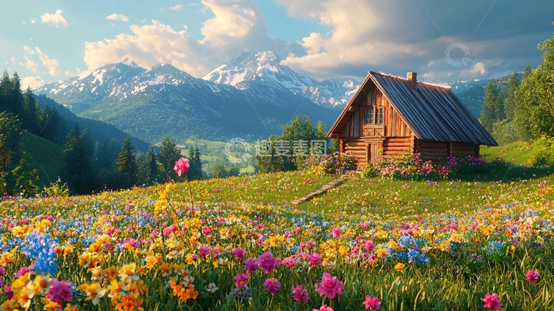 高清大图下载【趣麦麦图】阿尔卑斯山下的木屋