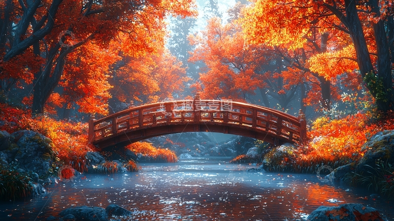 高清大图下载【趣麦麦图】秋日红枫桥流水