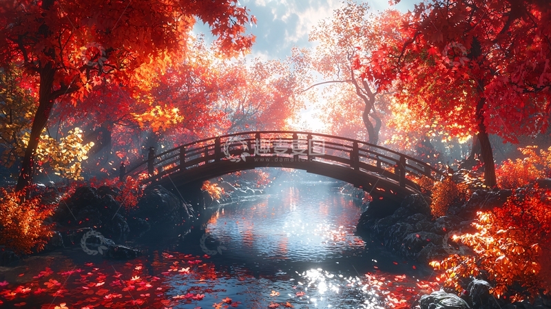 高清大图下载【趣麦麦图】秋日红叶桥流水