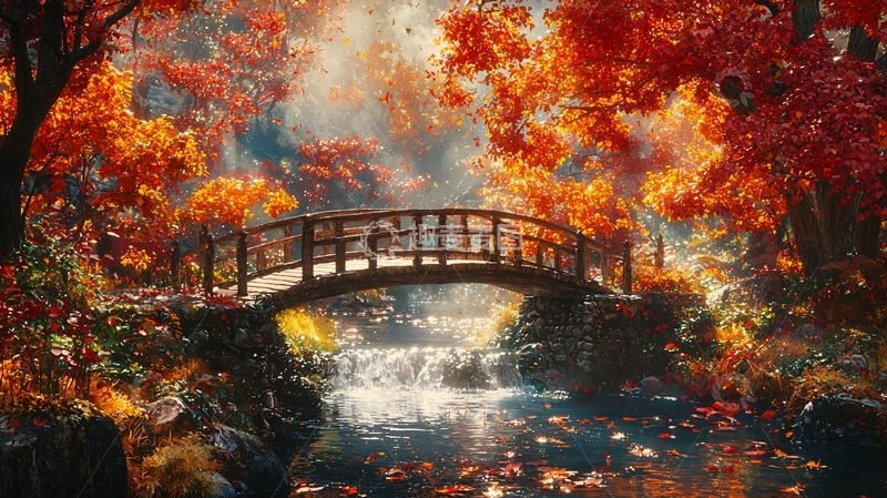 高清大图下载【趣麦麦图】秋日森林小桥流水