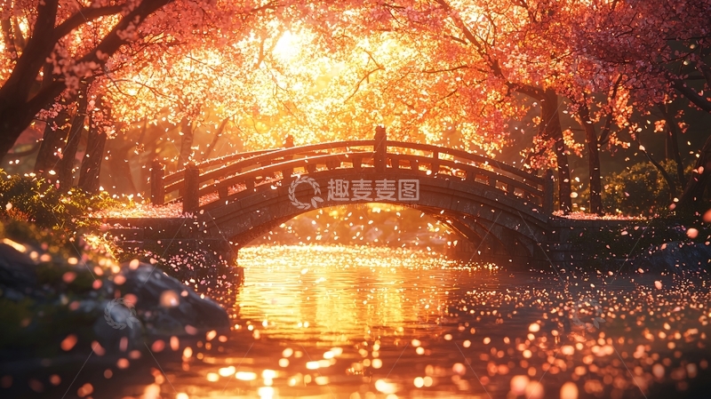 高清大图下载【趣麦麦图】秋日暖阳下的日式小桥