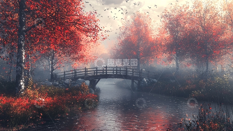 高清大图下载【趣麦麦图】红叶小桥秋雾朦胧