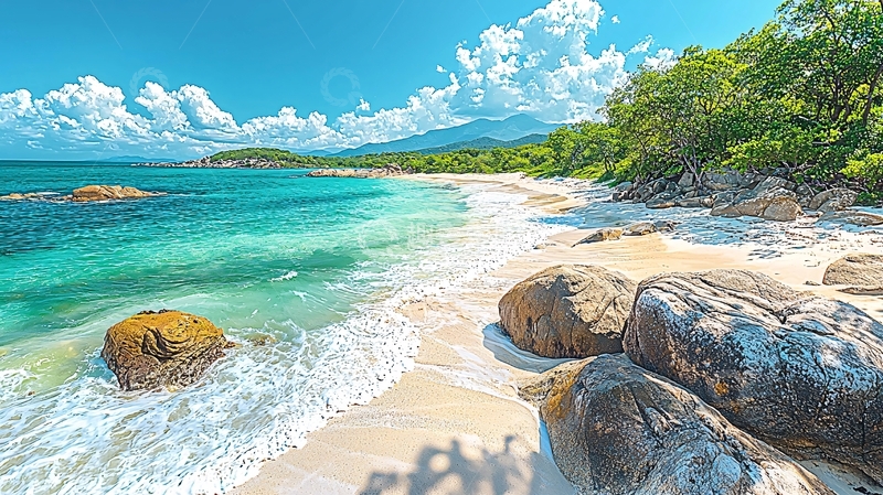 高清大图下载【趣麦麦图】阳光沙滩海浪岩石