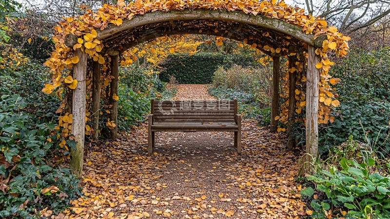 高清大图下载【趣麦麦图】秋日花园长廊木椅