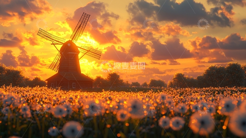 高清大图下载【趣麦麦图】夕阳下风车与蒲公英田野