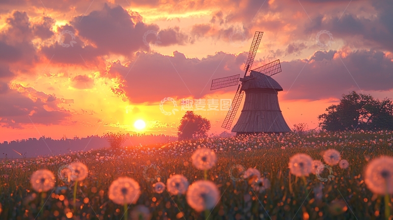 高清大图下载【趣麦麦图】田园风光日落剪影