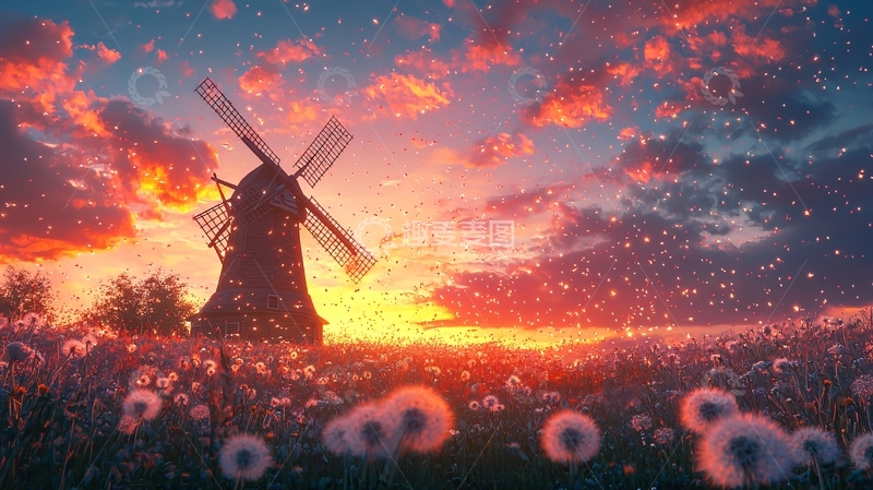 高清大图下载【趣麦麦图】夕阳下田野里的风车