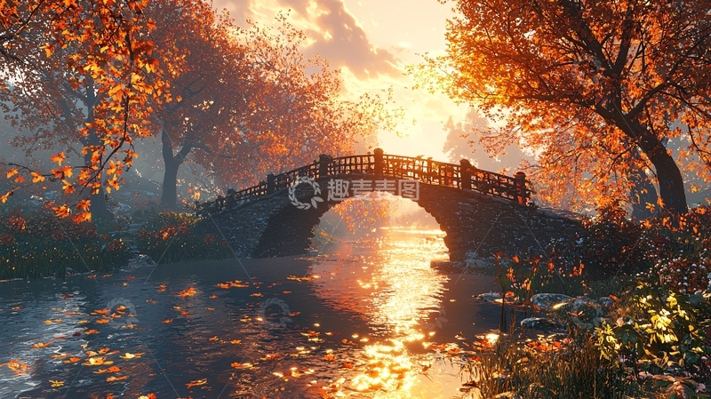 高清大图下载【趣麦麦图】秋日暖阳下的古桥流水