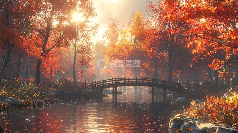 高清大图下载【趣麦麦图】秋日森林小桥流水