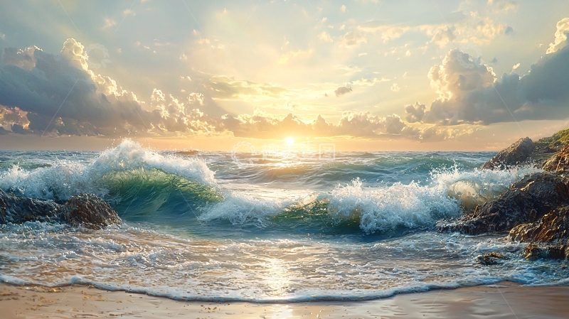 高清大图下载【趣麦麦图】海浪拍打岩石的日出景色