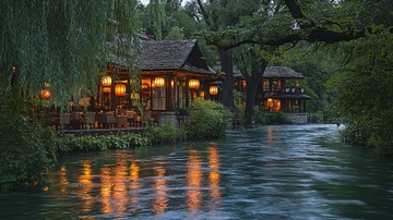 夜晚河流边木屋