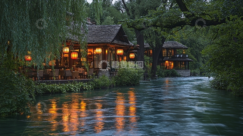 高清大图下载【趣麦麦图】夜晚河流边木屋