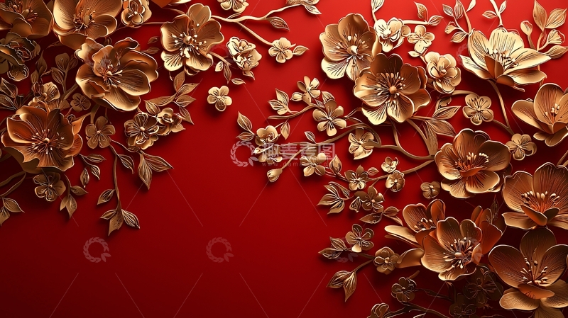 高清大图下载【趣麦麦图】金色花朵红底背景