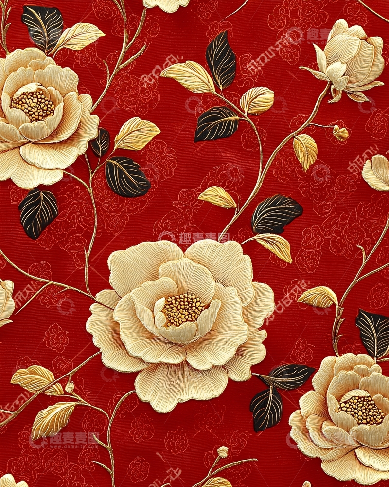 高清大图下载【趣麦麦图】红色背景牡丹刺绣图案