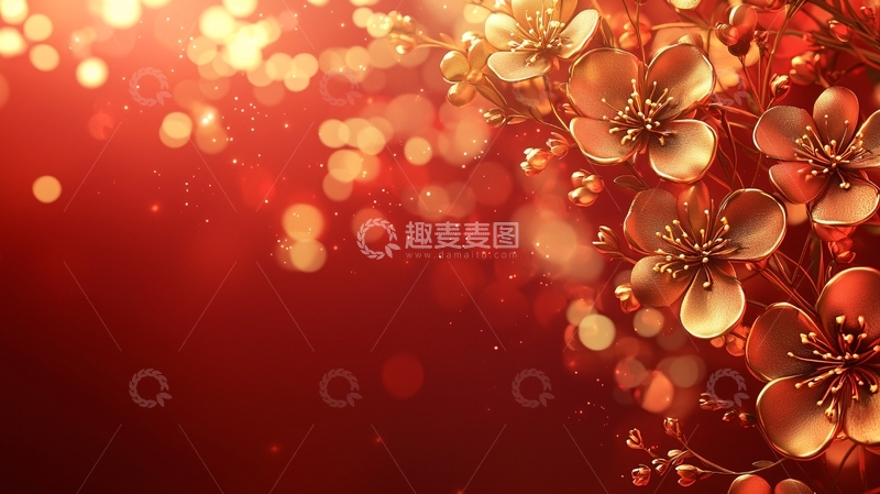 高清大图下载【趣麦麦图】金色花朵红色背景