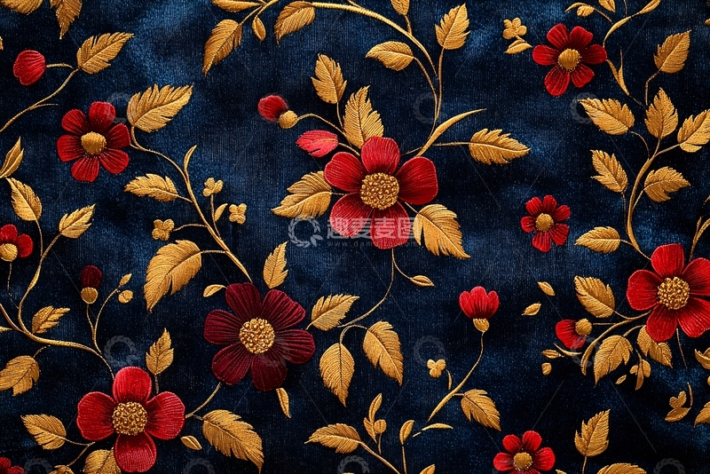 高清大图下载【趣麦麦图】暗蓝色底金红花卉刺绣