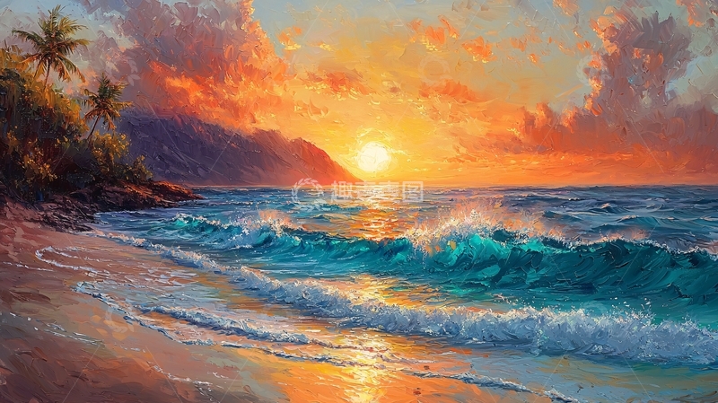 高清大图下载【趣麦麦图】海滩日落风景画