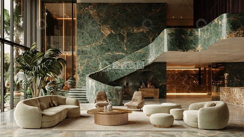 高清大图下载【趣麦麦图】绿宝石大理石楼梯现代酒店大堂