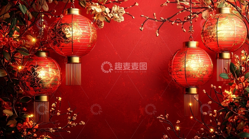 高清大图下载【趣麦麦图】红色背景喜庆灯笼