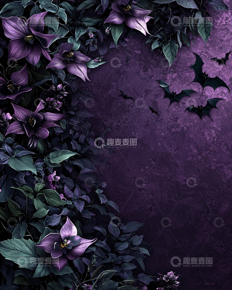 高清大图下载【趣麦麦图】暗紫色花卉蝙蝠背景