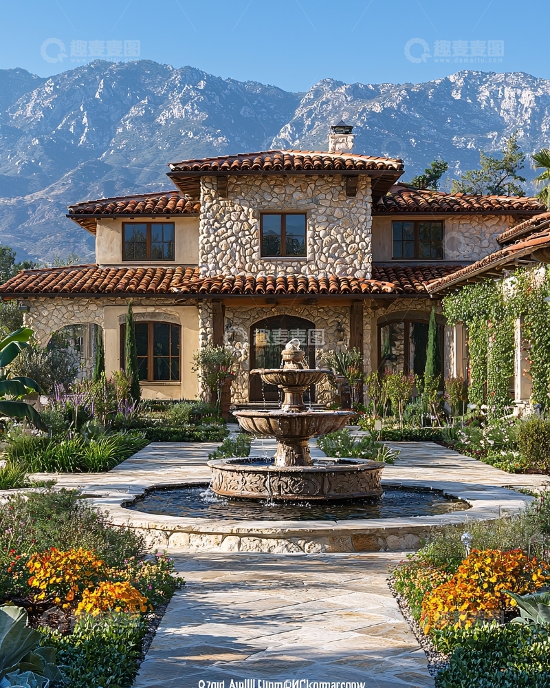 高清大图下载【趣麦麦图】山景别墅庭院喷泉