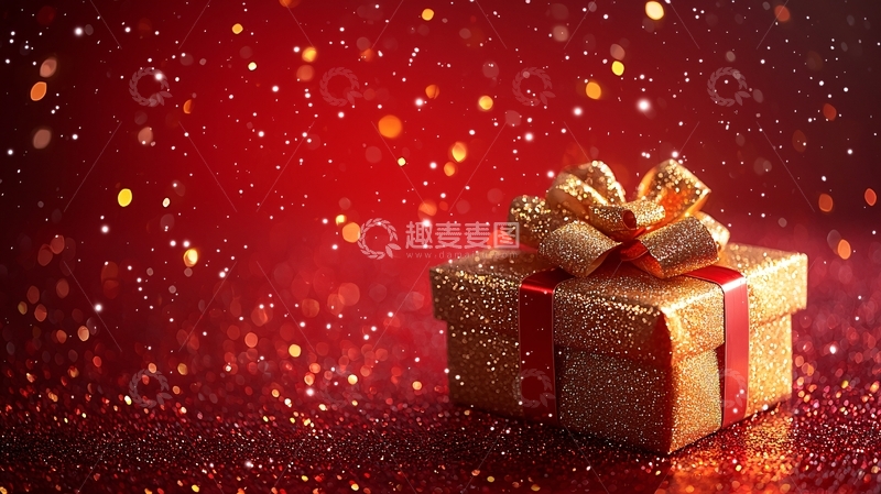 高清大图下载【趣麦麦图】金色礼盒红丝带背景