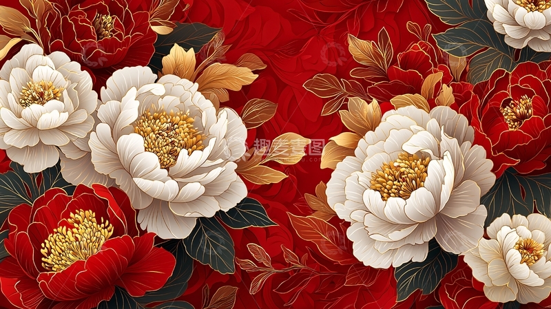高清大图下载【趣麦麦图】红白牡丹花卉图案