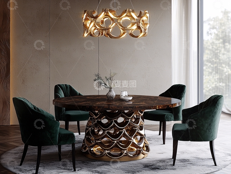 高清大图下载【趣麦麦图】轻奢金色圆形餐桌椅组合