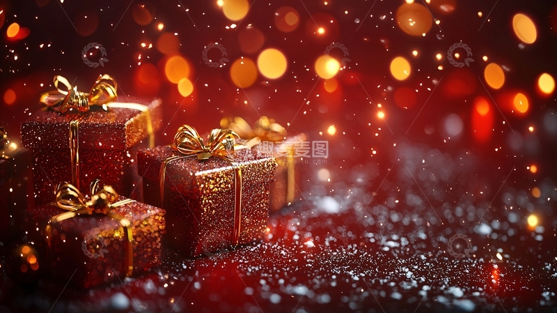 高清大图下载【趣麦麦图】红色礼盒金色丝带背景
