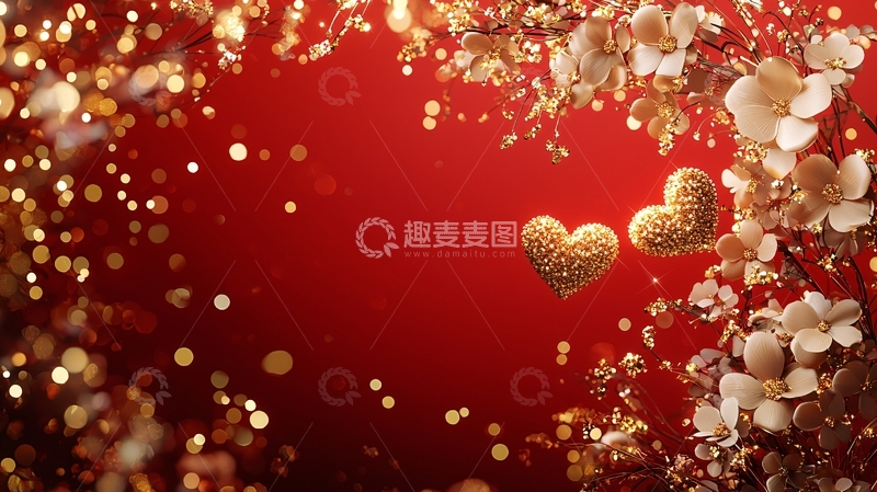 高清大图下载【趣麦麦图】红色背景金色爱心
