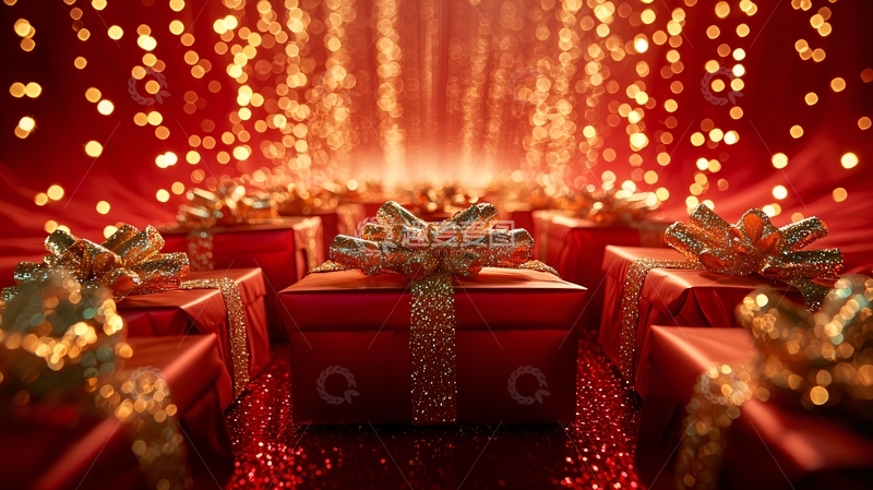 高清大图下载【趣麦麦图】红色礼盒金色蝴蝶结闪光背景