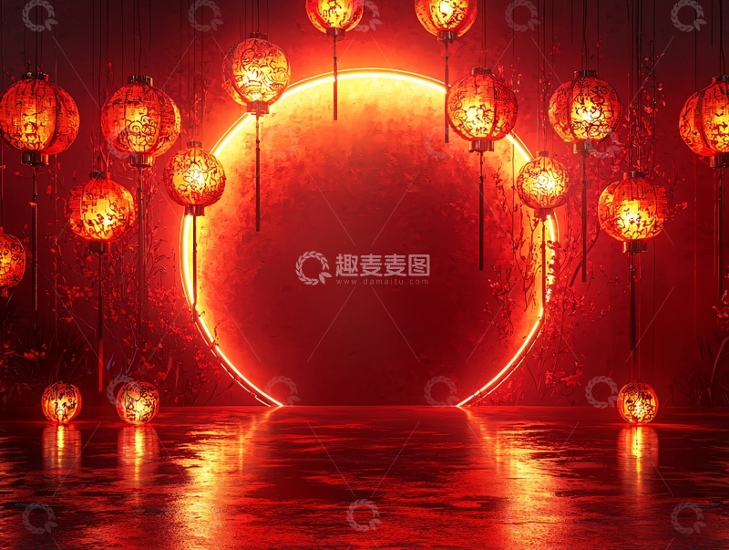 高清大图下载【趣麦麦图】红灯笼环绕红日背景图