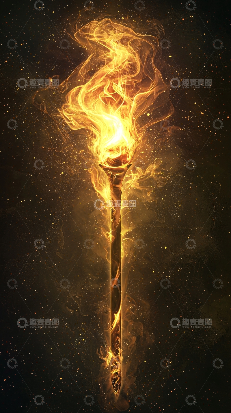 高清大图下载【趣麦麦图】燃烧的火焰法杖悬浮夜空