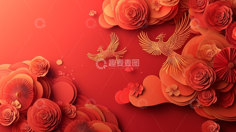 高清大图下载【趣麦麦图】红色祥云剪纸凤凰