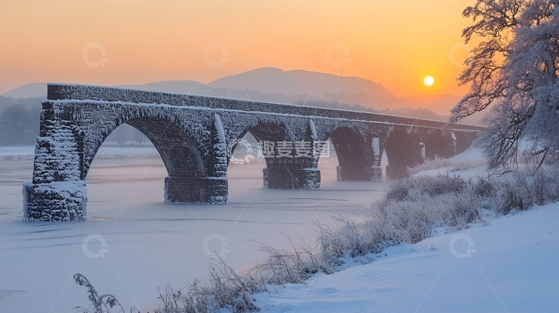 高清大图下载【趣麦麦图】冰雪覆盖的桥梁日出