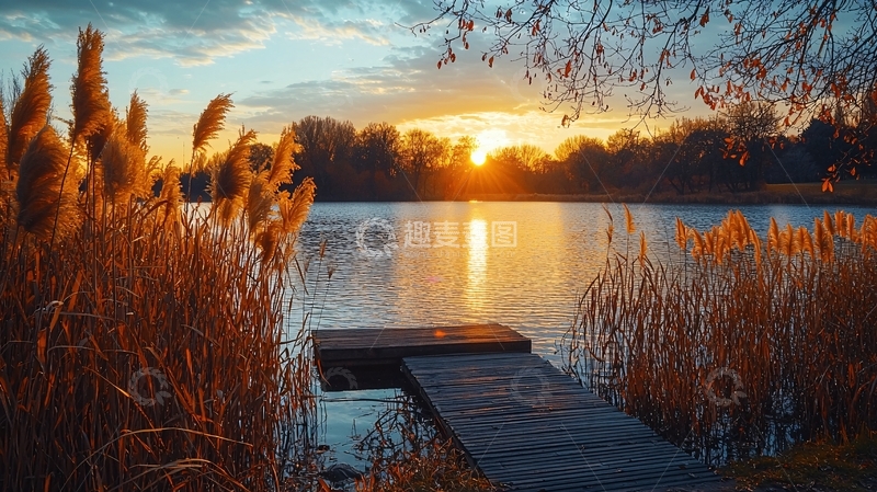 高清大图下载【趣麦麦图】秋日湖边木质码头日落