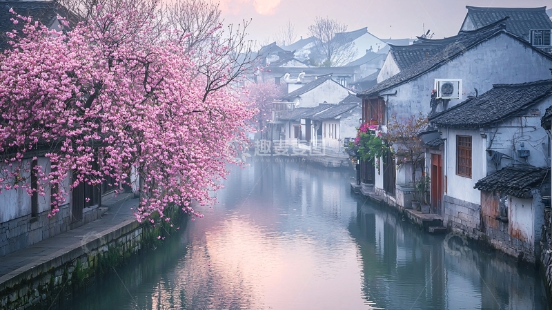 高清大图下载【趣麦麦图】春日江南水乡粉色樱花