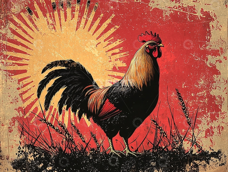 高清大图下载【趣麦麦图】公鸡日出复古海报