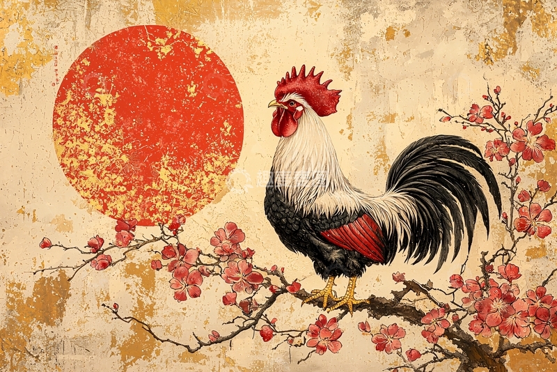高清大图下载【趣麦麦图】复古日出公鸡梅花图