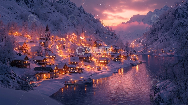 高清大图下载【趣麦麦图】雪山小镇夜景