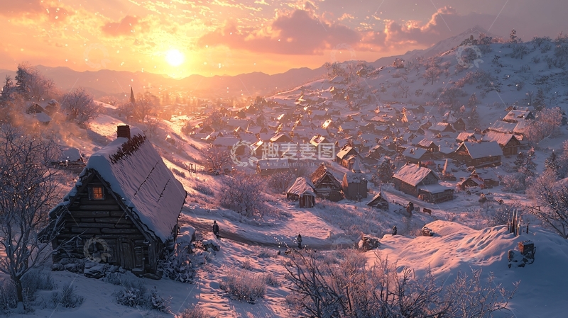 高清大图下载【趣麦麦图】雪山日落小镇