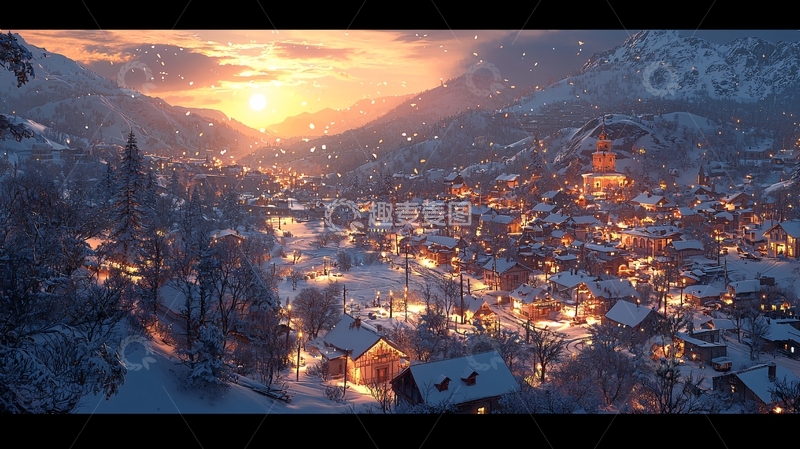 高清大图下载【趣麦麦图】雪山小镇日落