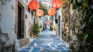 蓝白小巷挂红灯笼