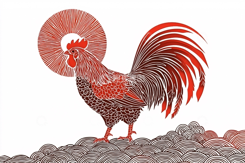 高清大图下载【趣麦麦图】红冠红尾公鸡日出图