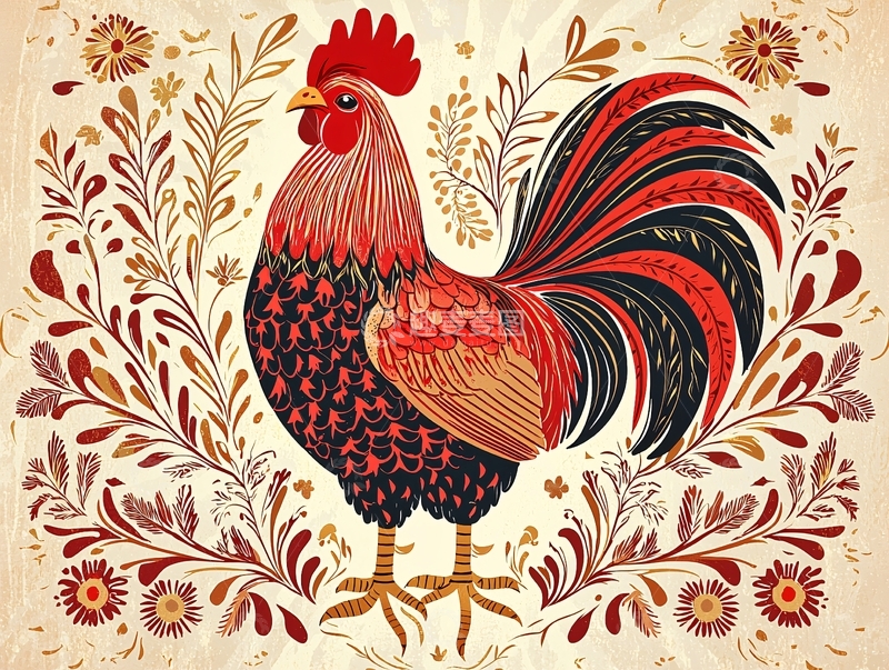高清大图下载【趣麦麦图】红冠黑尾公鸡图案