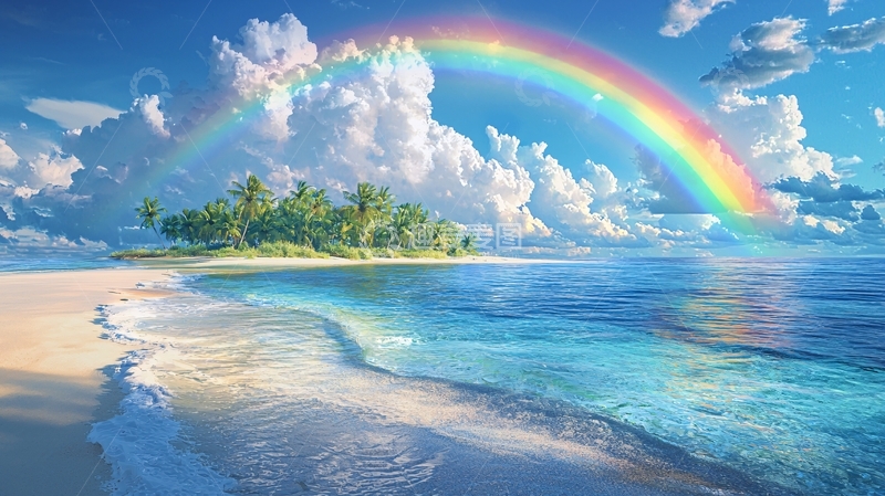高清大图下载【趣麦麦图】海岛沙滩上空的彩虹