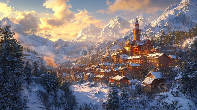 高清大图下载【趣麦麦图】雪山下的童话小镇