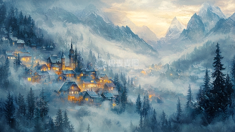 高清大图下载【趣麦麦图】雾气弥漫的雪山小镇