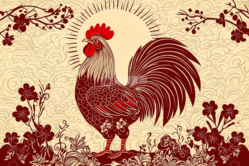 高清大图下载【趣麦麦图】红冠公鸡花卉图腾